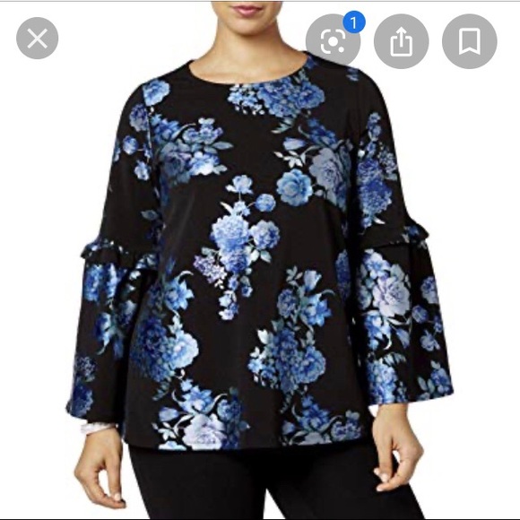 Alfani Floral Blues on Navy Top w/Bell Sleeves NWT - Picture 3 of 9